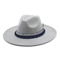 Detail of grey wool felt fedora featuring ethnic blue and gold woven band with fringe - M (56-58cm) / Light Gray