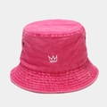 Close-up of rose red washed cotton bucket hat featuring white crown embroidery and vents - M (56-58cm) / Rose Red