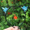 Detailed view of black cat ear headband featuring wire-wrapped blue aura crystals - No.84 Blue Aura