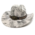 Detail of western cowboy hat with tie-dye pattern and vintage bronze bull head buckle - Tie-Dye Grey