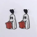 Ghost with red bag acrylic earrings featuring black heart studs for Halloween jewelry - Trick or Treat Ghost