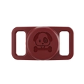 Macro view of a deep red silicone AirTag case for pet collars featuring a dog bone design - Burgundy