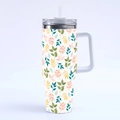 40oz stainless steel tumbler with green yellow leaf print, handle, lid and straw - Style 2-Yellow Green Leaves