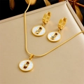 Golden stainless steel jewelry set with white shell inlay and floating diamond design - Round Mother of Pearl Rhinestone 2-Piece Set (N3108)
