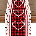 Camino de mesa de San Valentín a cuadros rojos con corazones blancos sobre madera - Corazón a cuadros rojo y negro-VT006