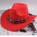 Red felt cowboy hat with ethnic beaded band and blue turquoise stone detail - Double Row Beads / Red
