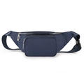 Detail of waterproof navy blue nylon waist bag showing multi-zipper layers and buckle strap - Blue