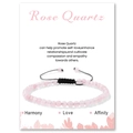 Detail of handmade 4mm rose quartz beaded bracelet on gift card for harmony and love - Rose Quartz Bracelet