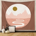 Detail of bohemian tapestry featuring abstract sunset and mountain landscape on a gray wall - Mld219