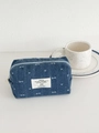 Dunkelblaue Denim Kosmetiktasche mit weißen Schleifen und Herz-Reißverschluss - Dunkelblau
