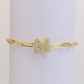18k gold plated paperclip chain bracelet featuring a zircon pavé bubble letter N charm - Letter N