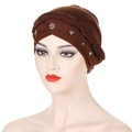 Brown milk silk turban hat with braided design and silver beads for women - Coffee with Silver Beads