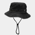 Detail of washed denim bucket hat featuring adjustable windproof cord and metal logo - M (56-58cm) / Black