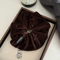 Brown velvet oversized scrunchie with golden polka dots and brand woven label - Coffee Velvet Polka Dot Scrunchie
