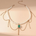 Gold-tone layered necklace with white imitation pearls and emerald green gemstone pendant - Green Rhinestone
