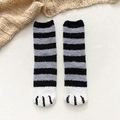 Thick coral fleece socks featuring black and grey stripes with white cat paw patterns - One Size / Black Blue Stripes