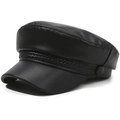 Chic black leather newsboy cap with braided trim and flat top for stylish women - One Size 58cm / Full Leather Double Strip Flat Top Style