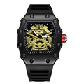 Orologio sportivo tonneau con quadrante a elmo di samurai dorato e cinturino in silicone - Quadrante Giallo Cinturino Nero
