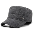Men's winter grey flat top military hat with thickened wool texture and metal logo - Adjustable / Gray