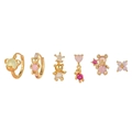 6-piece gold-plated star and moon stud earring set with pink zircons and bear charms - TZ00061 Gold - Cartoon Bear Heart Star Flower 6-Piece Set
