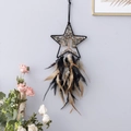 Detailed shot of star-shaped dream catcher with tree of life stones and dark feathers - Comet (Brown) Feather Tree