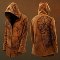 Detail of Viking warrior print and compass pattern on caramel brown zip-up hoodie - Xjk01025072311