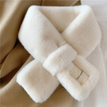 Ivory faux rabbit fur cross muffler scarf featuring a soft plush texture and side label - White