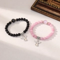 Magnetic couple beaded bracelet set featuring black and pink stones with angel wing charms - Black Stone & Pink Bead - Angel Wing Pendant