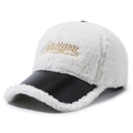 Fleece baseball cap in white lamb wool and black leather brim with gold embroidery - Adjustable / White