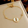 Gold-plated stainless steel necklace with white shell pendant and diamond accents - Round Mother of Pearl Rhinestone Bracelet (B1507)