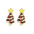 Detail view of gold Christmas tree earrings with colorful rhinestones and enamel finish - Star Christmas Tree