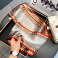 Silk scarf with geometric stripes in silver grey and orange, soft and smooth texture - Bohemian Orange
