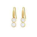 Elegant gold titanium earrings with double white circular drop pendants on a white background - Double Circular Dangle Style (E1615-GO)
