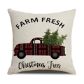 Linen Christmas pillow case featuring a red buffalo plaid truck and fresh pine trees design - Beige Red Black Plaid Truck Tree/22YM13-36