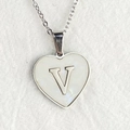Silver heart necklace with iridescent white shell inlay and 3D metal letter V pendant - Letter V / Silver
