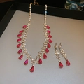 Detail of red water-drop crystal tassel necklace and earrings set in gold finish - Necklace-Gold-Rose Red-Water Drop