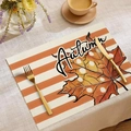 Autumn placemat with orange stripes and red maple leaf design for Thanksgiving decor - Orange White Stripe Autumn Maple Leaf
