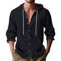 Camisa de playa holgada de lino negro para hombre con capucha y manga larga - S / Tops / Negro