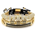 Men's 3-piece bracelet set with gold crown charms, black weaving, and cubic zirconia - Gold Hexagon 3-Piece Set