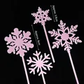 Pink snowflake Christmas cake topper picks with measurements for holiday party decorations - 4pcs Pink Plastic Snowflakes