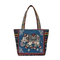 Ethnic blue canvas tote bag featuring elephant woven pattern and colorful striped handles - Blue Elephant Double Sided