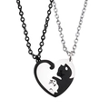 Matching heart cat yin yang couple necklaces set in black and silver stainless steel - Black Necklace Set (Black & Silver Cat)