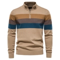 Detalle del suéter para hombre caqui con media cremallera y rayas horizontales de colores - S / Caqui