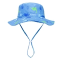 Detail of blue dinosaur print kids sun hat showing breathable fabric and adjustable chin strap - Palm Green Dinosaur