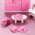 Miniature pink flocked cowboy hats with white ropes arranged in a dollhouse scene - 6.5cm / Pink