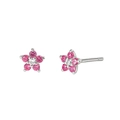 Close-up of pink flower stud earrings with clear center stones and silver metal - JQH0141 Silver - Five-petal Flower Pink Stud