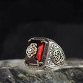Retro punk men's silver ring with large rectangular red zircon and gold floral pattern - J080-3 Red / Size 7