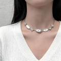 Y2K punk silver necklace with engraved oval pendants and crystals on white knit shirt - Vintage Tag Style (G-088)