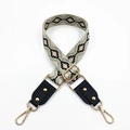 Adjustable beige woven purse strap with mint geometric pattern and black leather ends - No.1 Green Coffee Jacquard + Black Leather
