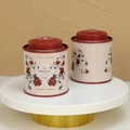 Vintage style floral tin canisters with red rose patterns and Miracle Time text - Red Rose